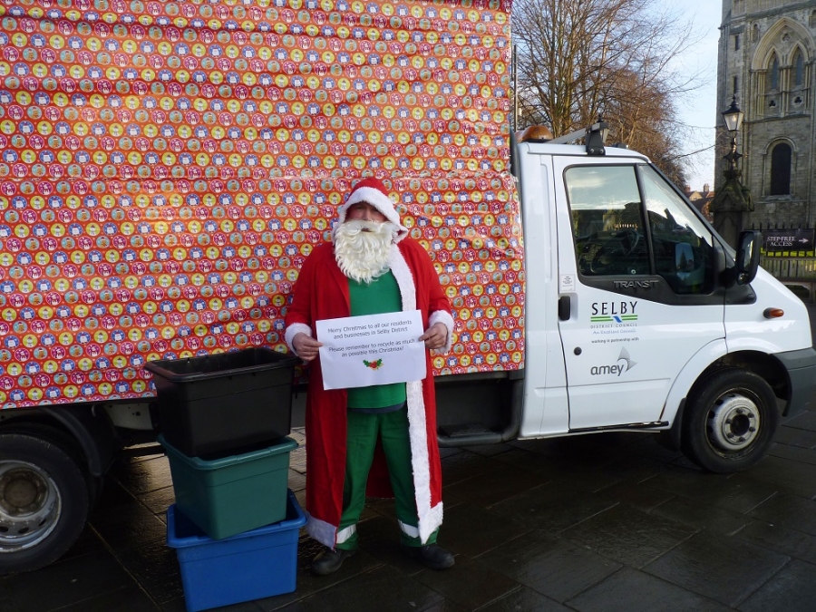 Amey's Les Chopping showing how much Christmas packaging and wrapping paper can be recycled.