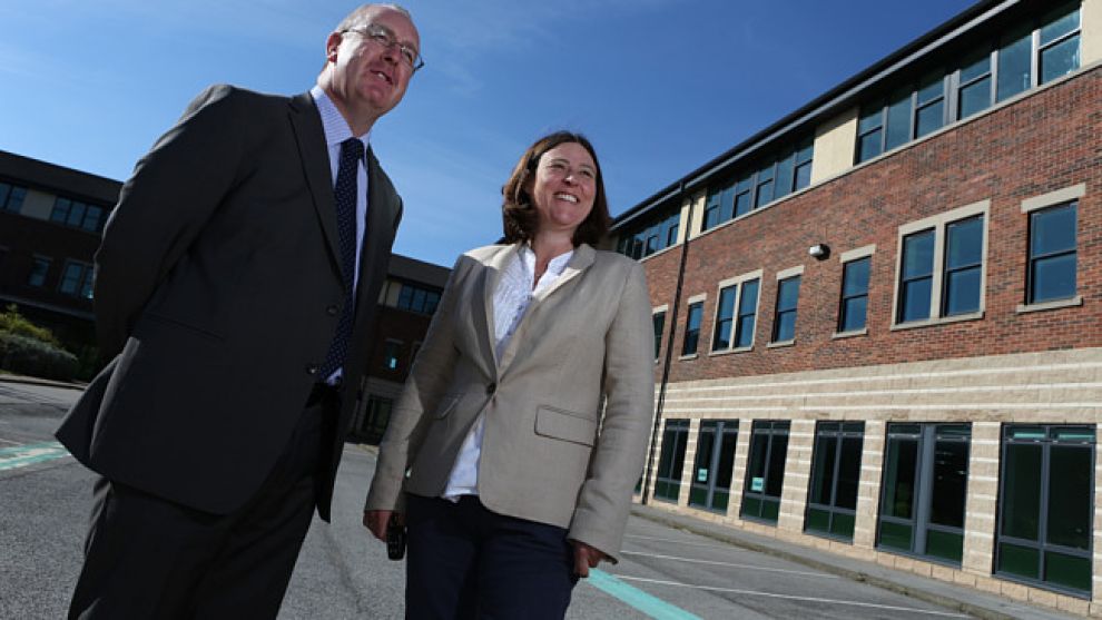 Julia Mulligan with Cllr Mark Robson outside Alverton Court